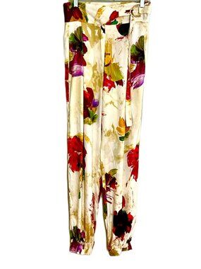 Compagnia Italiana Silk Blend Floral Tapered Pants Belted High Waist TG44 Italy